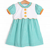 Prim Pumpkins Embroidered Dress, Green