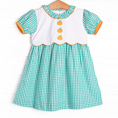 Prim Pumpkins Embroidered Dress, Green