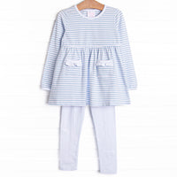 The set features soft knit material, sweet light blue stripes, and coordinating white leggings to match.