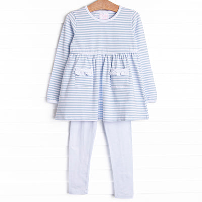 The set features soft knit material, sweet light blue stripes, and coordinating white leggings to match.