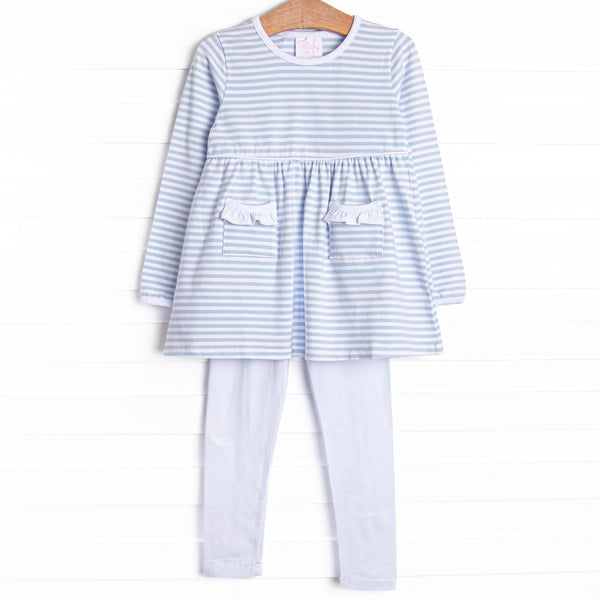 The set features soft knit material, sweet light blue stripes, and coordinating white leggings to match.