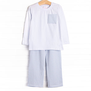 Evan Pant Set, White and Light Blue Stripe