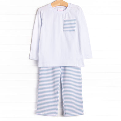 Evan Pant Set, White and Light Blue Stripe