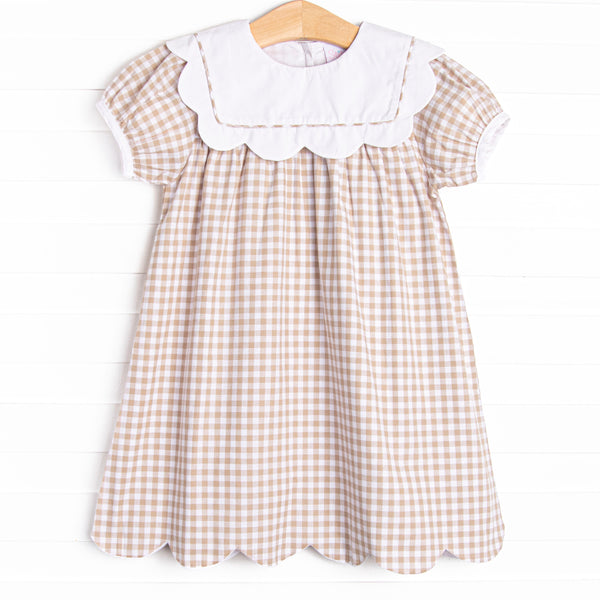Thanksgiving Day Scalloped Bib Dress, Tan