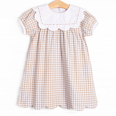 Thanksgiving Day Scalloped Bib Dress, Tan