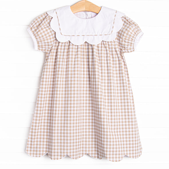 Thanksgiving Day Scalloped Bib Dress, Tan