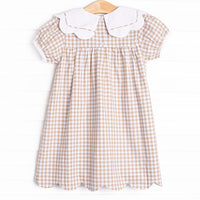 Thanksgiving Day Scalloped Bib Dress, Tan