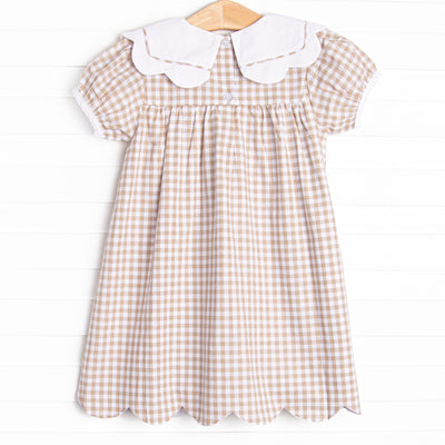 Thanksgiving Day Scalloped Bib Dress, Tan