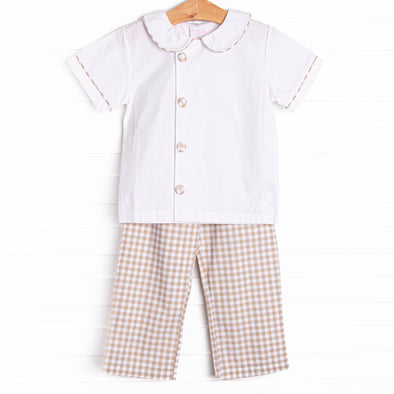 Thanksgiving Day Collared Pant Set, Tan
