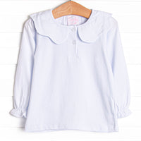 A scalloped collar in four fun colors: Medium Pink and White makes this wardrobe essential perfect for dressing up or for everyday wear.&nbsp;