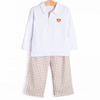 Thanksgiving Day Embroidered Polo Pant Set, Tan