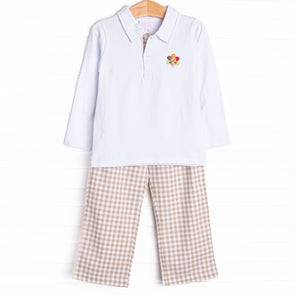 Thanksgiving Day Embroidered Polo Pant Set, Tan