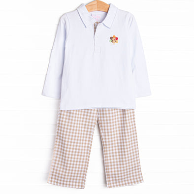 Thanksgiving Day Embroidered Polo Pant Set, Tan