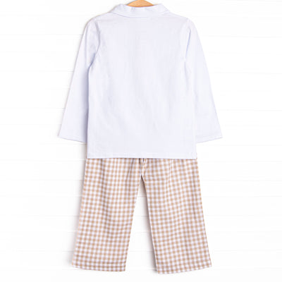 Thanksgiving Day Embroidered Polo Pant Set, Tan