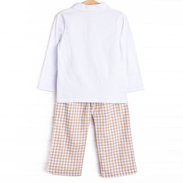 Thanksgiving Day Embroidered Polo Pant Set, Tan