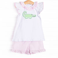 Ric Rac Reptile Applique Ruffle Short Set, Pink