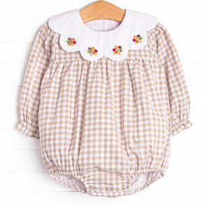 Thanksgiving Day Embroidered Scalloped Bib Bubble, Tan