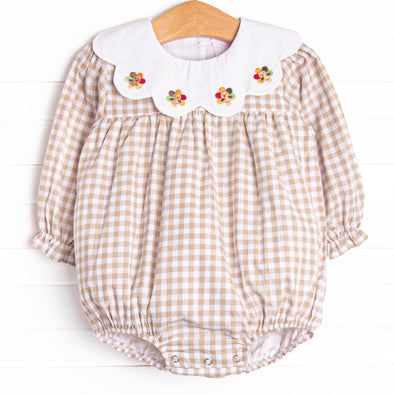 Thanksgiving Day Embroidered Scalloped Bib Bubble, Tan