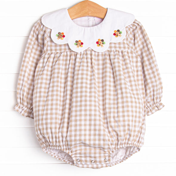 Thanksgiving Day Embroidered Scalloped Bib Bubble, Tan
