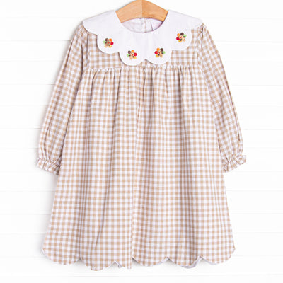 Thanksgiving Day Embroidered Scalloped Bib Dress, Tan
