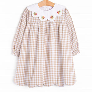 Thanksgiving Day Embroidered Scalloped Bib Dress, Tan