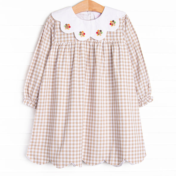 Thanksgiving Day Embroidered Scalloped Bib Dress, Tan