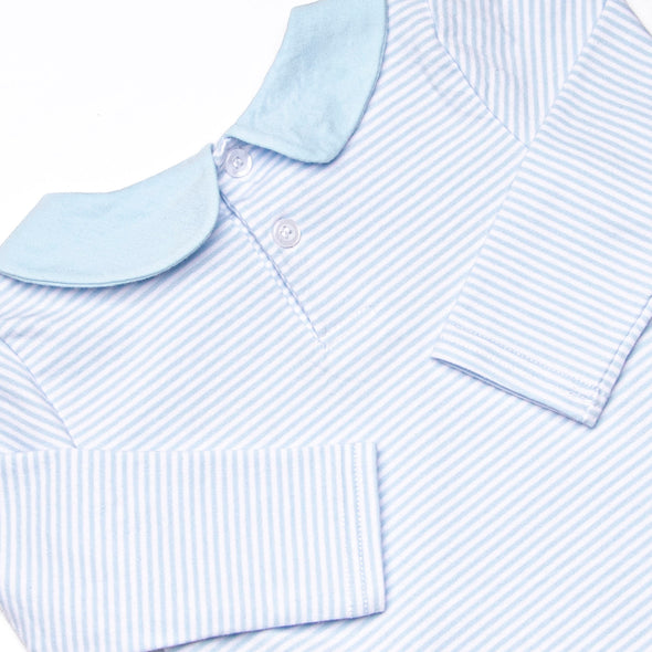 Corner Kick Cutie Applique Short Romper, Blue Stripe