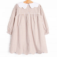 Thanksgiving Day Embroidered Scalloped Bib Dress, Tan