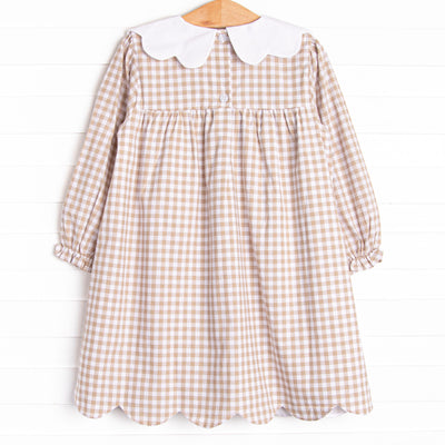 Thanksgiving Day Embroidered Scalloped Bib Dress, Tan