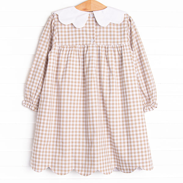 Thanksgiving Day Embroidered Scalloped Bib Dress, Tan