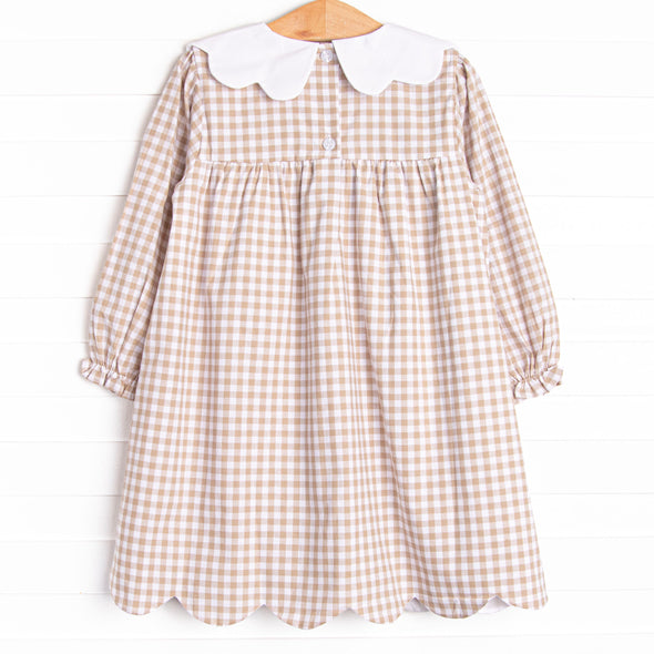 Thanksgiving Day Embroidered Scalloped Bib Dress, Tan