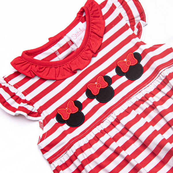 Mouse Ear Magic Applique Ruffle Neck Bubble, Red Stripe