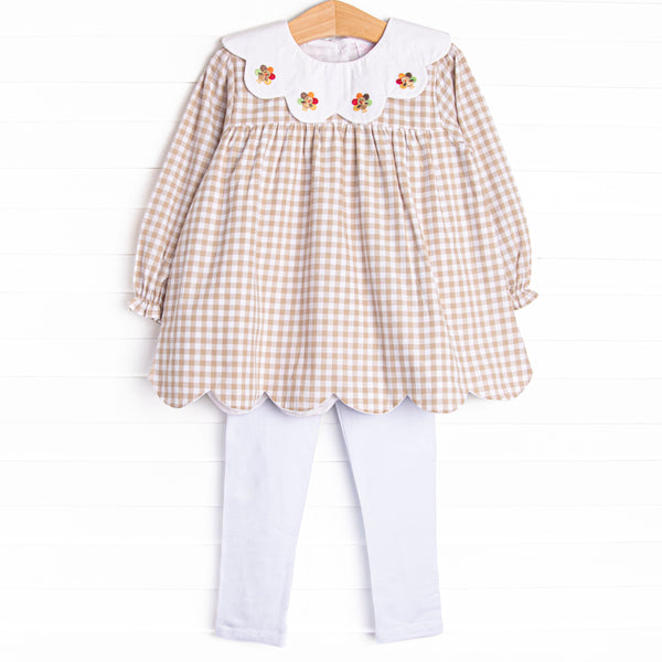 Thanksgiving Day Embroidered Scalloped Bib Legging Set, Tan