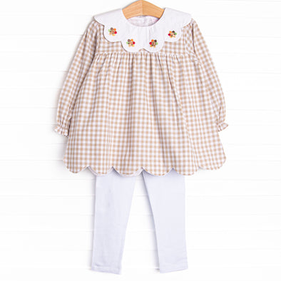 Thanksgiving Day Embroidered Scalloped Bib Legging Set, Tan