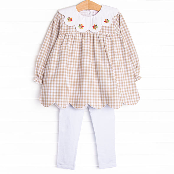 Thanksgiving Day Embroidered Scalloped Bib Legging Set, Tan