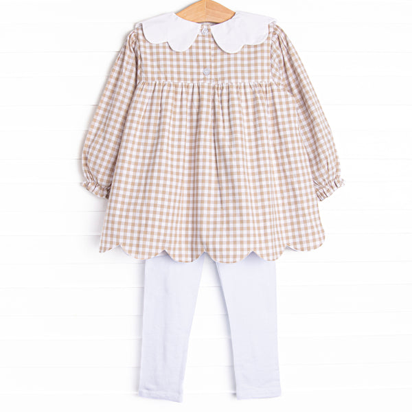 Thanksgiving Day Embroidered Scalloped Bib Legging Set, Tan
