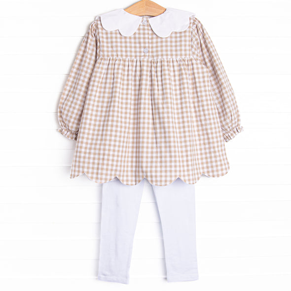 Thanksgiving Day Embroidered Scalloped Bib Legging Set, Tan