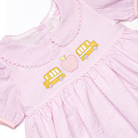 School Time Seersucker Embroidered Dress, Pink