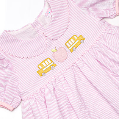 School Time Seersucker Embroidered Dress, Pink