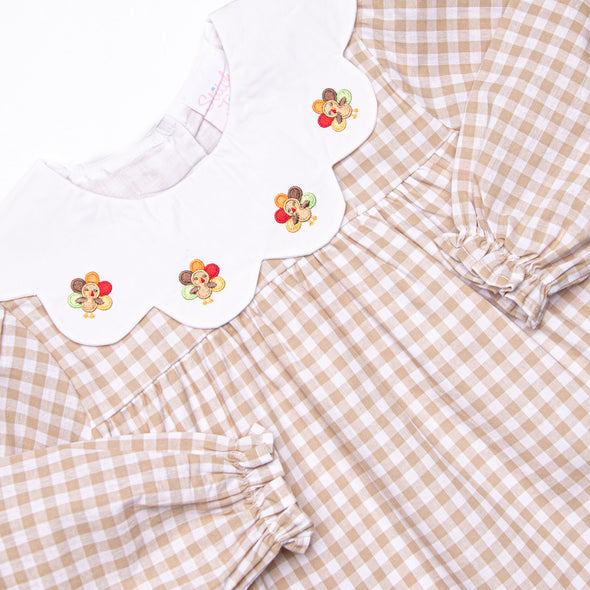 Thanksgiving Day Embroidered Scalloped Bib Dress, Tan