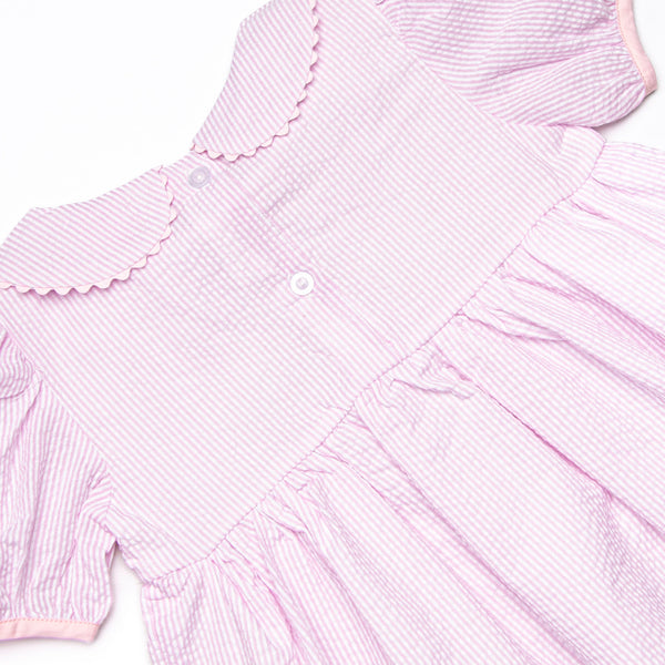 School Time Seersucker Embroidered Dress, Pink