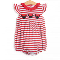  This bubble features a red striped print, a red ruffle collar, and a trio of mouse appliques. 