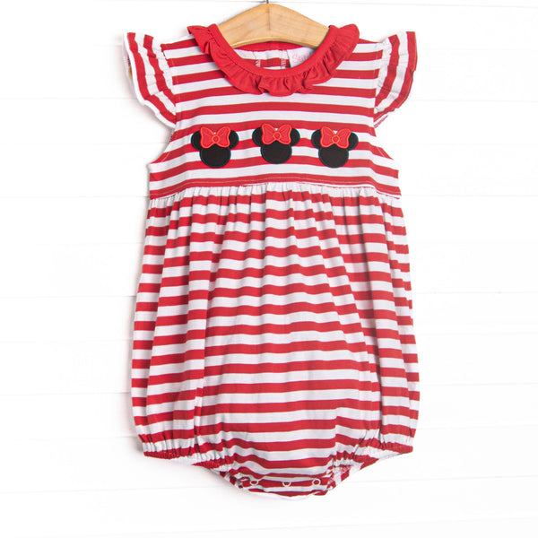  This bubble features a red striped print, a red ruffle collar, and a trio of mouse appliques. 