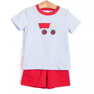 This set features a blue striped print, red trim, and a dump truck applique. Coordinating red shorts to match.