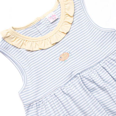 Tiny Fins Pima Embroidered Ruffle Short Set, Yellow and Blue Stripe