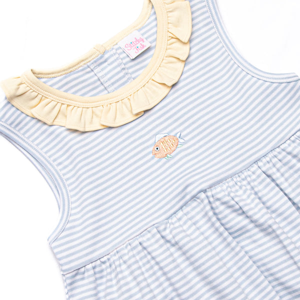 Tiny Fins Pima Embroidered Ruffle Short Set, Yellow and Blue Stripe