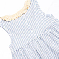 Tiny Fins Pima Embroidered Ruffle Short Set, Yellow and Blue Stripe