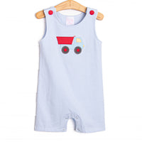 This jon jon features a blue striped print, red buttons, and a dump truck applqiue