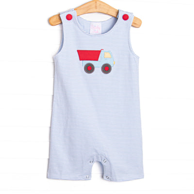This jon jon features a blue striped print, red buttons, and a dump truck applqiue