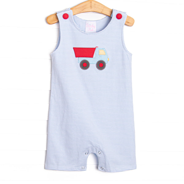 This jon jon features a blue striped print, red buttons, and a dump truck applqiue